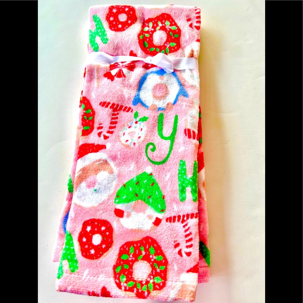 2 Christmas Doughnuts Pink Kitchen Towels Santa Gnome Polar Bear Penguin Candy